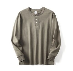 Spring Men Vintage Classic Henry Collar Shirt Casual Long Sleeve T-Shirts