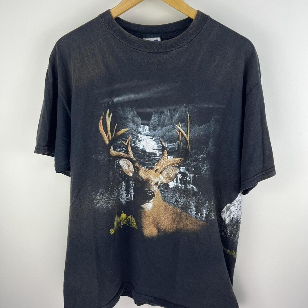 Vintage 1990s black deer faded graphic nature scene tee Size L