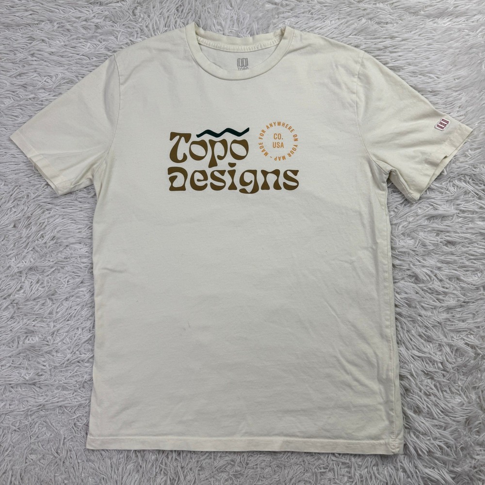 Topo Designs Shirt Mens Large Ivory Graphic Tee Colorado USA 100% Organic Cotton
