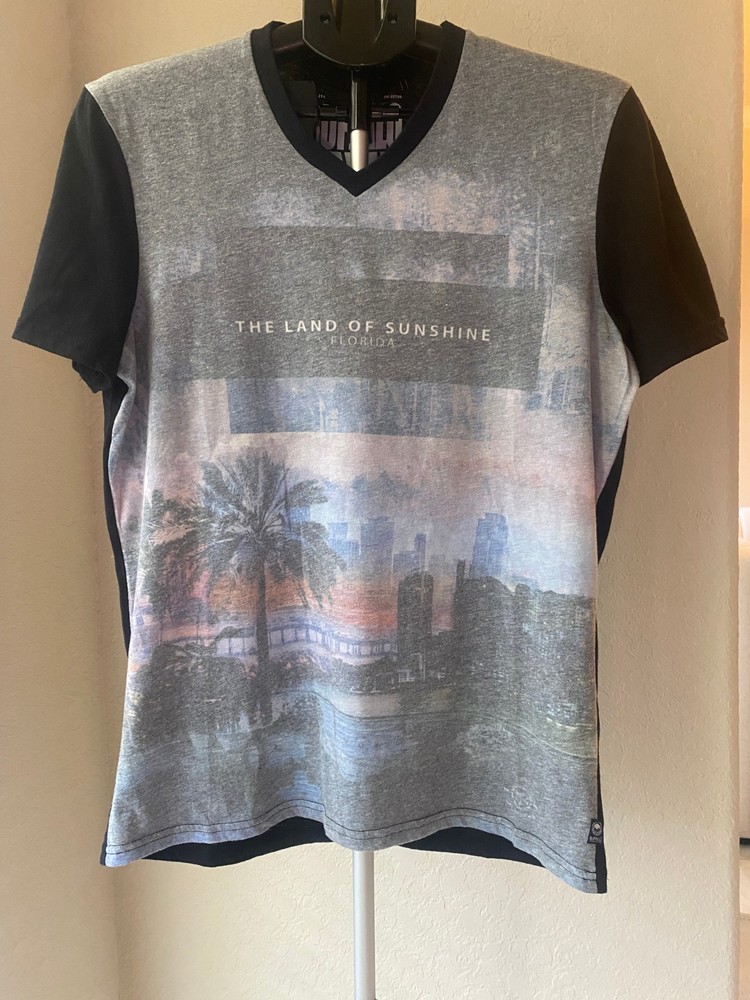 Buffalo David Bitton Men’s S Gray Black Florida Graphic V-Neck T-Shirt