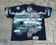 Vintage Liquid Blue All Over Print Big Face Wolf Nature T-Shirt Size XL