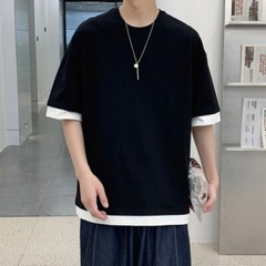 Summer Men’s Cotton Loose Casual Large Size Fake Two Pieces Short Sleeve T-Shirt