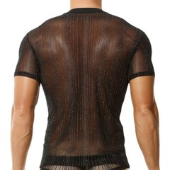 Men’s Glitter Sheer Mesh T-shirts Short Sleeve Ultra-thin Daily Undershirts Tops