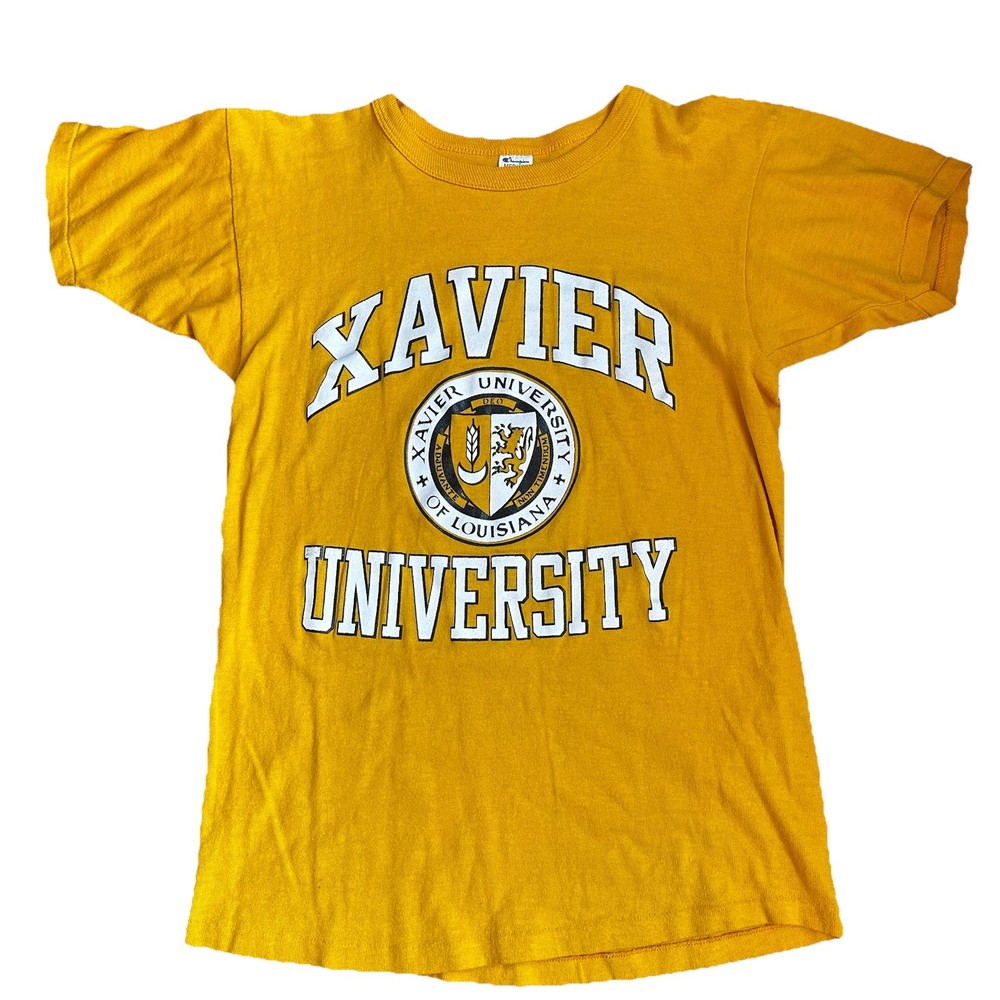 Vintage Champion Xavier University Shirt Mens Medium Yellow Made USA 80s Rare SS
