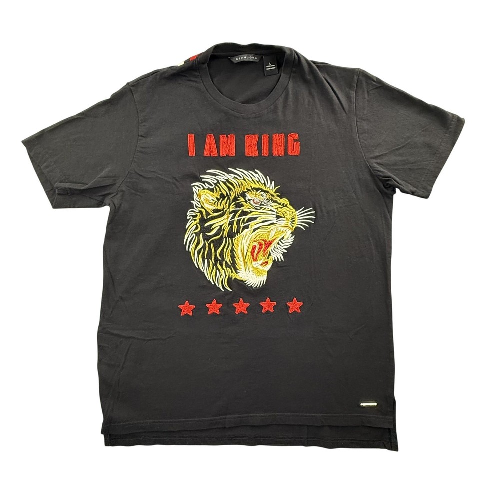 Sean John Shirt Mens Large Black I Am King Tiger Embroidered Stars Graphic Tee