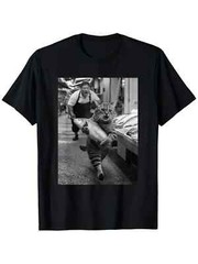 Funny Cat Steals Fish Market Black & White Meme T-Shirt | Unisex | 100% Cotton