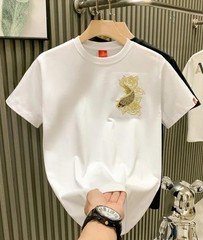 Men’s Luxury Koi Fish Embroidered Cotton T-Shirt Casual Short Sleeve Slim Fit Te