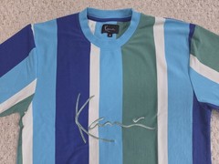 KARL KANI BIG LOGO MENS’ SHIRT — SIZE M ~ VERTICAL STRIPED COLORBLOCK SCRIPT