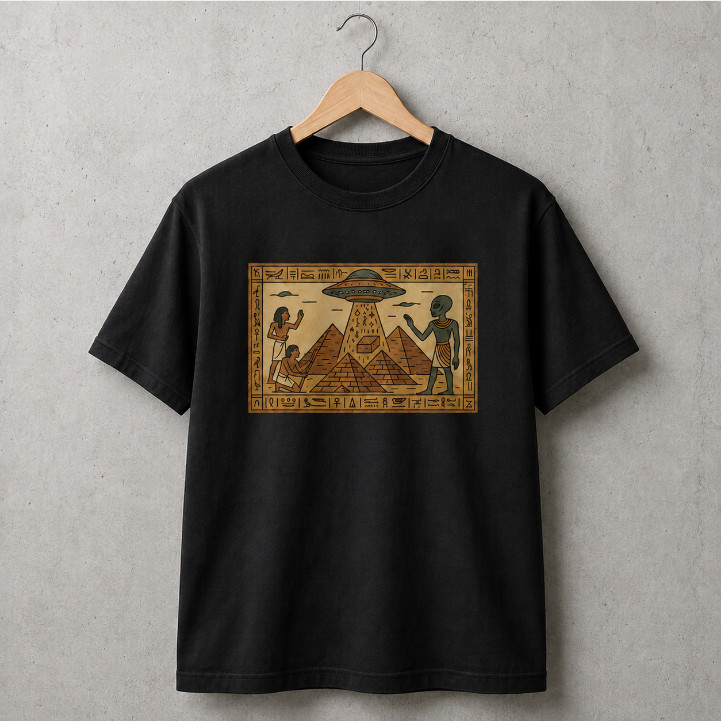 Ancient Egypt UFO Alien T Shirt Pyramids Hieroglyphics Retro Graphic Tee Black