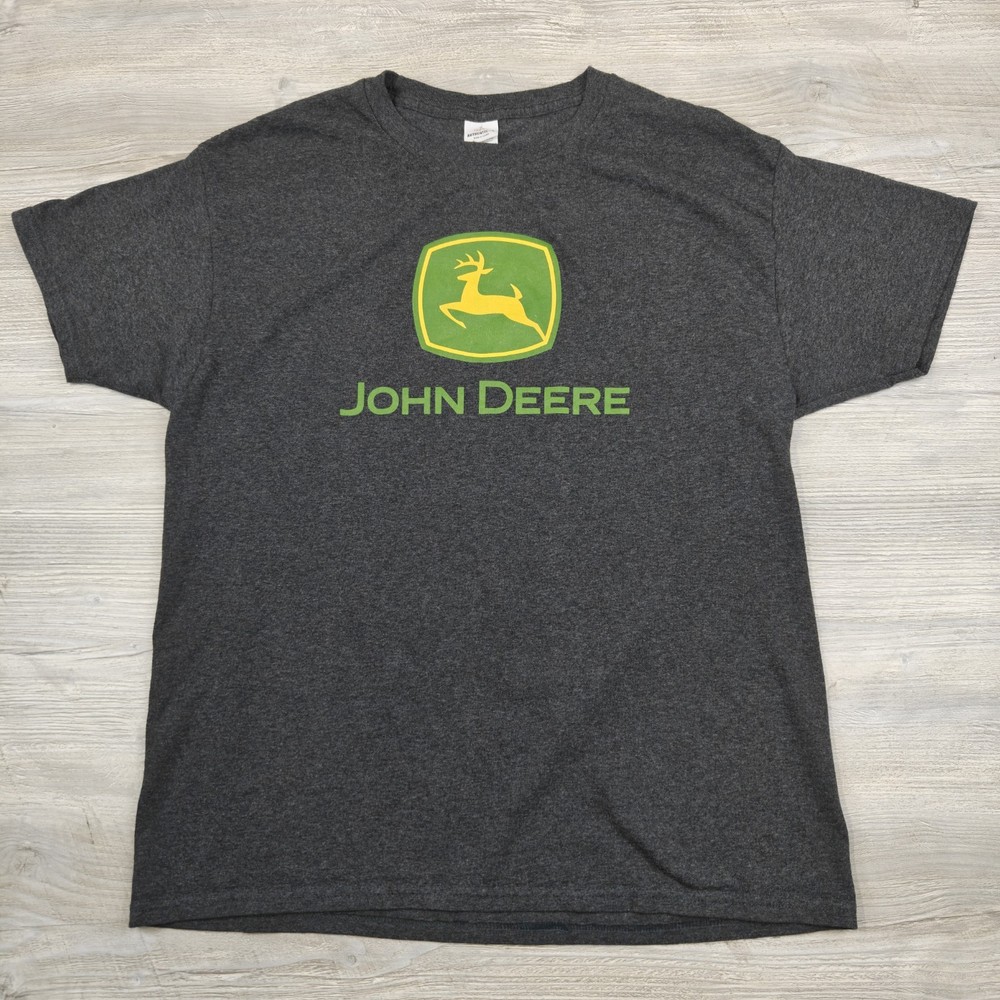 John Deere Logo Graphic T-Shirt Men’s Large Gray Green Yellow Hanes Cotton Blend