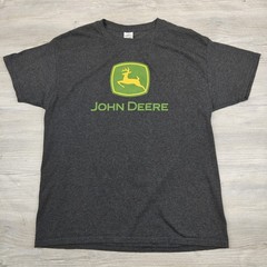 John Deere Logo Graphic T-Shirt Men’s Large Gray Green Yellow Hanes Cotton Blend