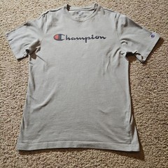 Champion Shirt Mens Medium Retro Spellout Logo Gray Classic Streetwear Relax