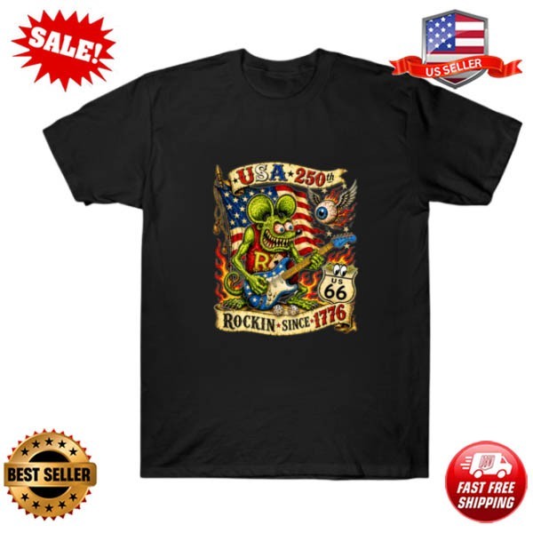 USA 250th Rat Fink US Highway 66 Guitar Flag Dice Ace Retro T-Shirt