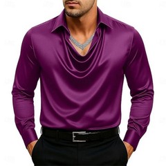 Men’s Elegant Satin Cowl Neck Blouse Long Sleeves Casual Business Dressy Shirts
