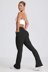 Women Pants Soft Active High Waist Crossover Flared Trousers with Pockets Black