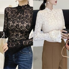 Women Long Sleeves Blouse Turtleneck T-shirt Stretch Lace Bottoming Tops