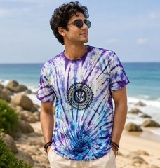 Men’s Purple Blue Tie Dye Cotton T-Shirt Ganesha Print Boho Festival Shirt L-26″