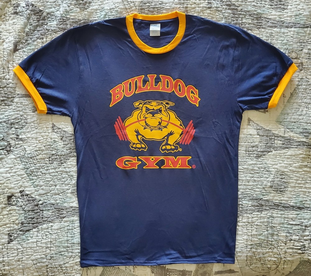 Bulldog Gym Old School Bodybuilding Workout Muscle Navy / Gold Ringer T-Shirt