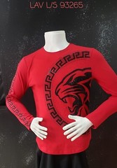 Men’s Italian Fashion Long Sleeve Red T-shirt black Panther rhinestone Greek key