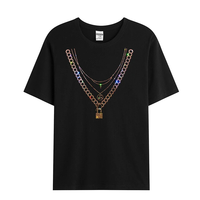 New Fashion Chain Rhinestones Summer Short Sleeve Luxury Men Trend Black T-Shirt