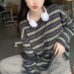 Korean Fashion Women’s Loose Striped Blouse Long Sleeve Crew Neck Streetwear