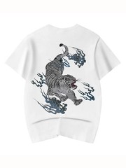 Niepce Men’s White Tiger with Blue Flames Embroidery Japanese Streetwear Tee