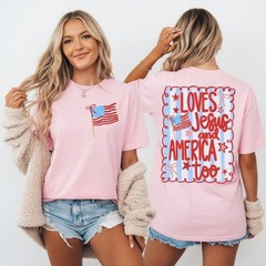 Loves Jesus and America Too Patriotic Coquette Bow 4th of July T-Shirt