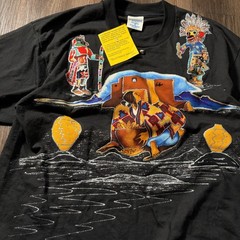 Handpainted Applique Native American Kachina T-Shirt Black Mens