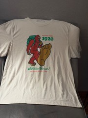 Eddie Bauer Sasquatch t-shirt features a red bigfoot graphic with a g