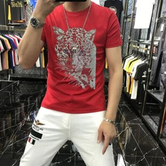 New Fashion Trend Leopard Hot Diamonds Rhinestones Summer Luxury Men T-Shirt