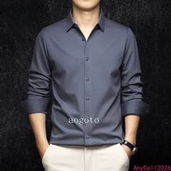 Spring Mens Long Sleeve Shirt Silk Cotton Business Casual Formal Slim Fit Shirts