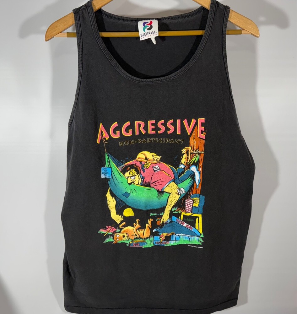 Vintage Aggressive Non-Participant 1994 Blue Cartoon Single Stitch L Tank N