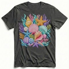 Colorful Seashells Coral Starfish T-Shirt Ocean Beach Summer Tee