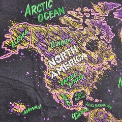 Vintage 90s World Map Camp T-Shirt Mens L Black Double Sided Neon Rave Single S