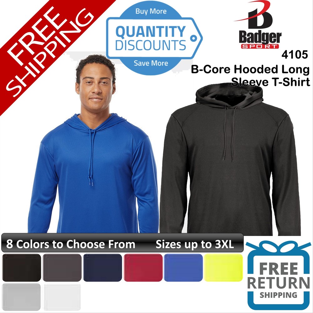 Badger Men B-core Hooded Long Sleeve Sport Antimicrobial T-shirt Up To 3XL 4105