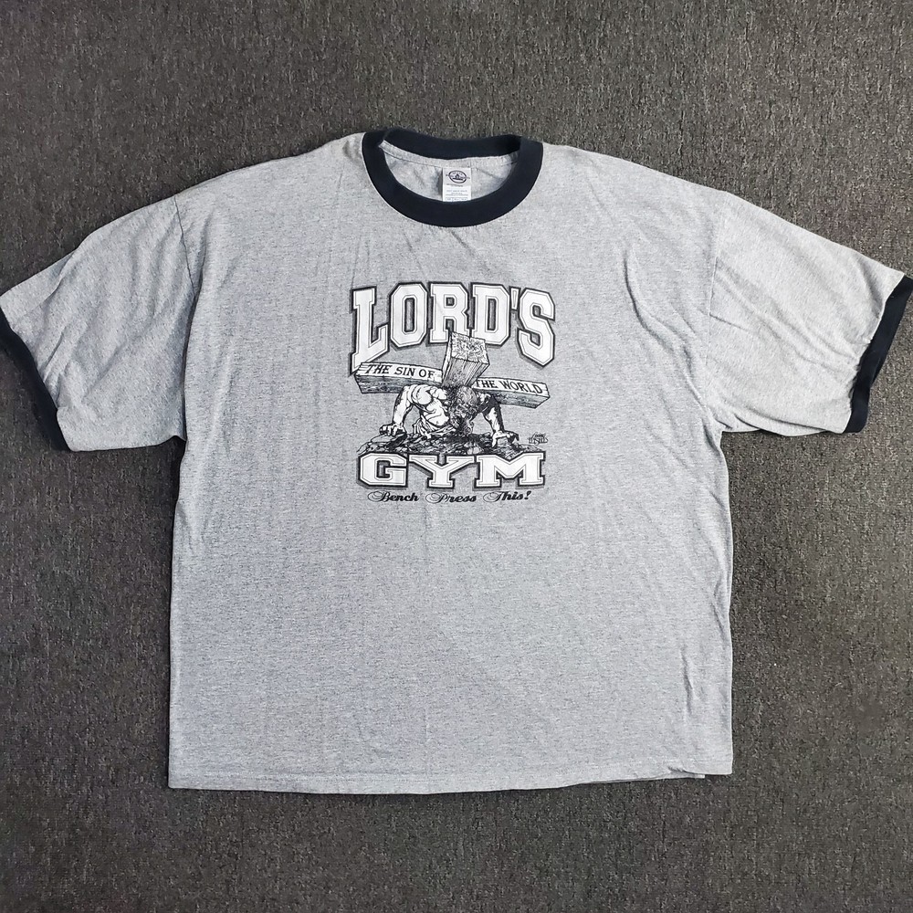 Vtg Lords Gym T Shirt Mens 2XL Gray Ringer Bodybuilding Jesus His Pain Your Gain