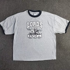 Vtg Lords Gym T Shirt Mens 2XL Gray Ringer Bodybuilding Jesus His Pain Your Gain
