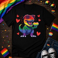 Cute Rainbow Dinosaur Pride Shirt, LGBTQ T Rex Rainbow Heart Tee