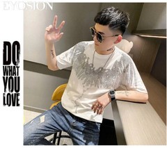 New Fashion Wings Trend Rhinestone Summer Short Sleeve Luxury Men Cotton T-Shirt