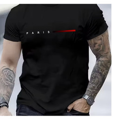 Men’s 100% Cotton Summer Loose PARIS Creative Letter Print Casual Slim Fit Round