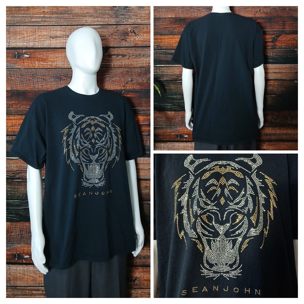 Sean John Vintage Shirt Mens 3XB 3XL Black Studded Tiger Logo T-Shirt Tee READ