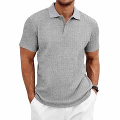 Men’s knitted textured simple short-sleeve polo shirt, casual golf business top,