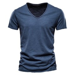 Cotton Men T-shirt V-neck Short Sleeve Fashion Slim Fit Soild T-shirts Tops Tees