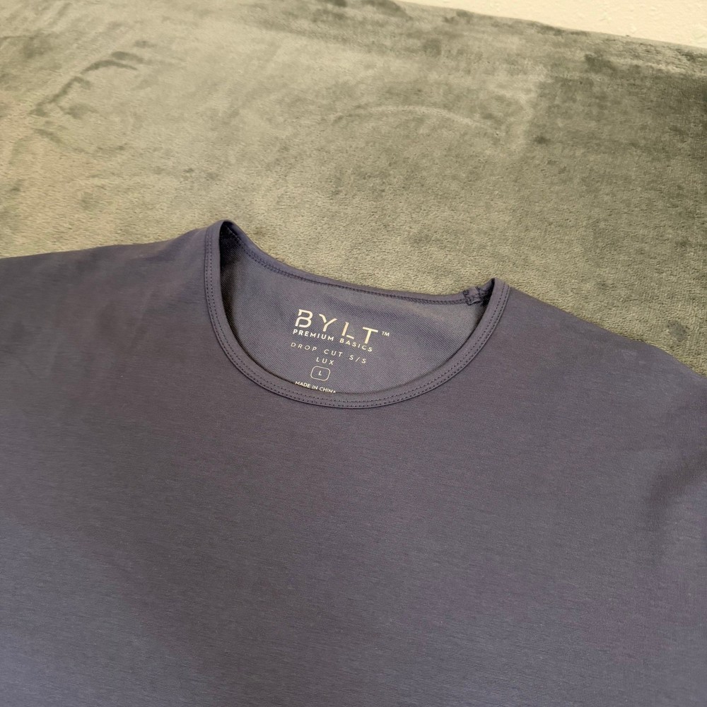 BYLT Drop Cut Lux T Shirt Mens Large Blue Curved Hem Stretch Short Sleeve