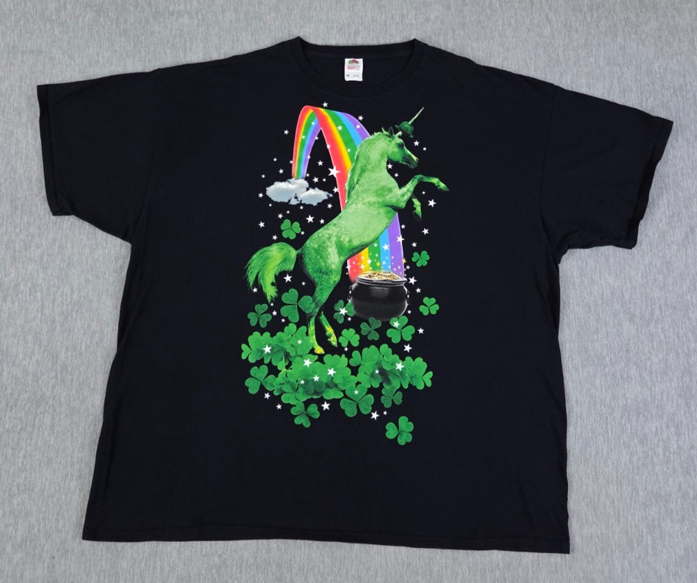 Green Unicorn Shirt Pot of Gold Irish Clovers Rainbow St Patrick’s Day Adult 3XL