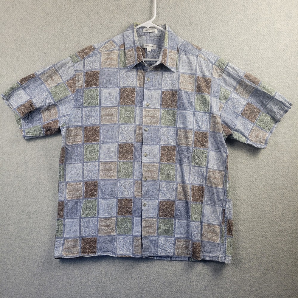 Pierre Cardin Mens XL Blue Multicolored Geometric Print Short Sleeve Button Up