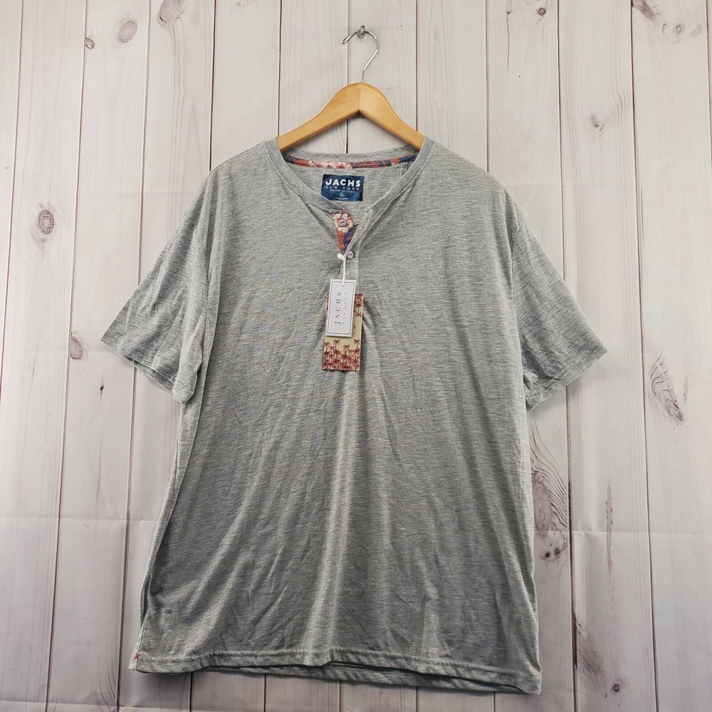 Jachs New York T Shirt Mens XL Gray Quarter Button Floral Details Short Sleeve