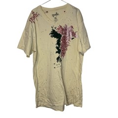 Nostic Men’s T-Shirt Paint Splatter Beaded V-Neck Short Sleeve Cotton Beige XL