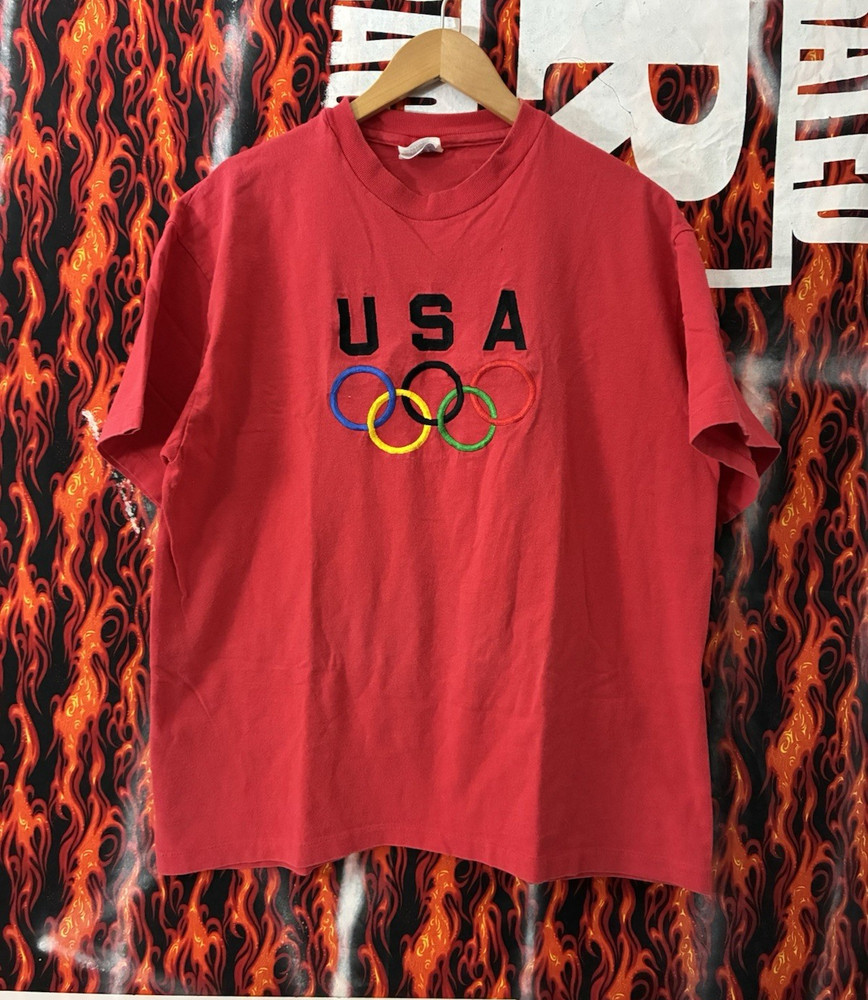 Vintage 90s USA Olympic Rings Graphic T Shirt Mens L Faded Sports Tee