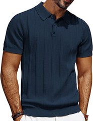 Mens Short Sleeve Polo Shirt Textured Knit Ribbed Casual Golf Style Soft Comfort